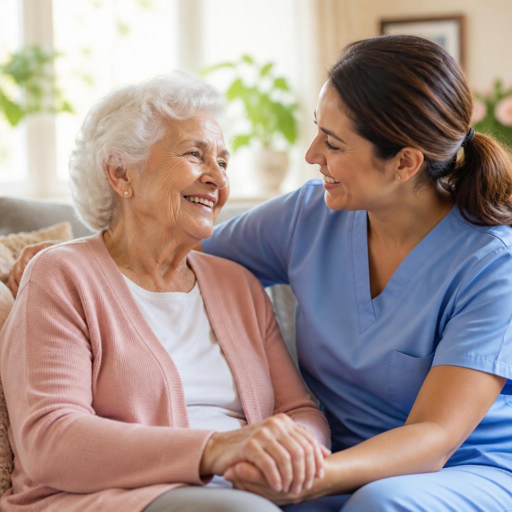 Elderly woman smiling with her caregiver in a bright living room