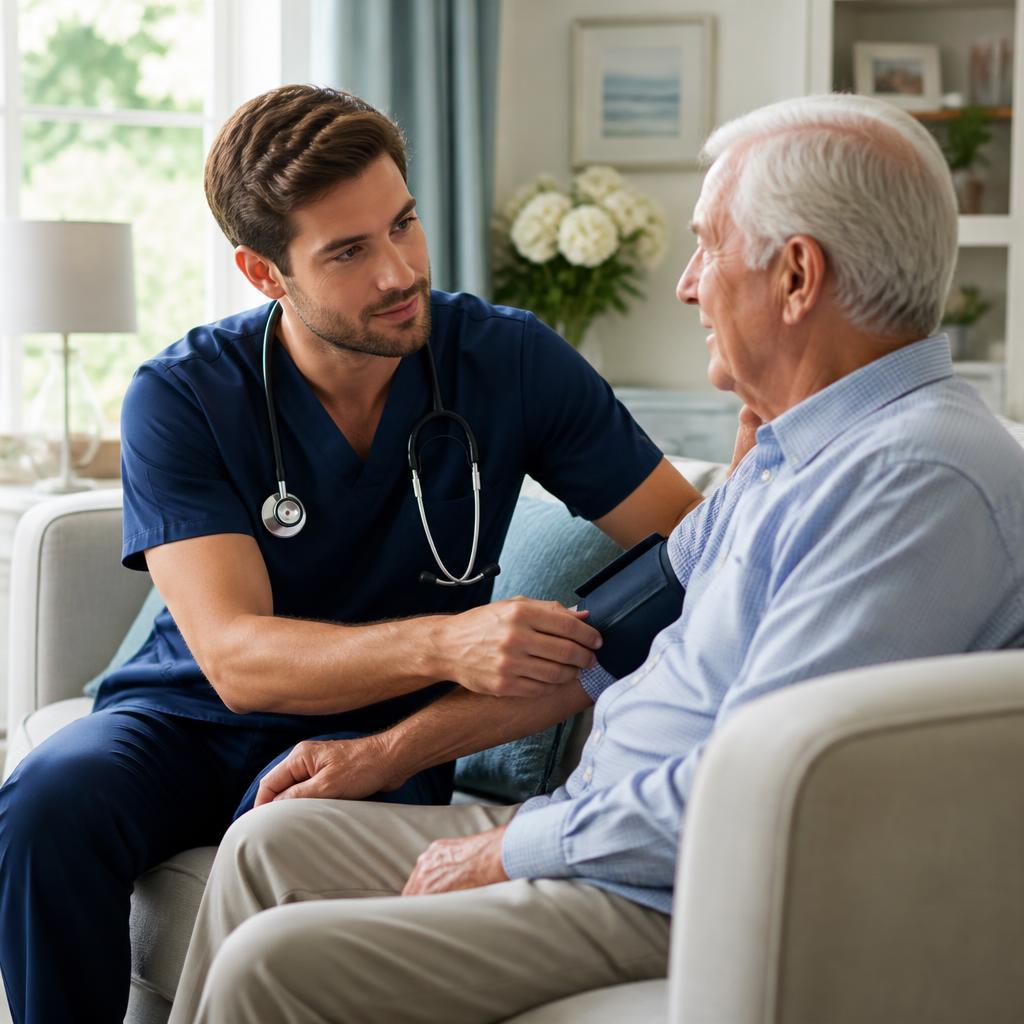 Male nurse in navy scrubs taking vitals of an elderly patient at home
