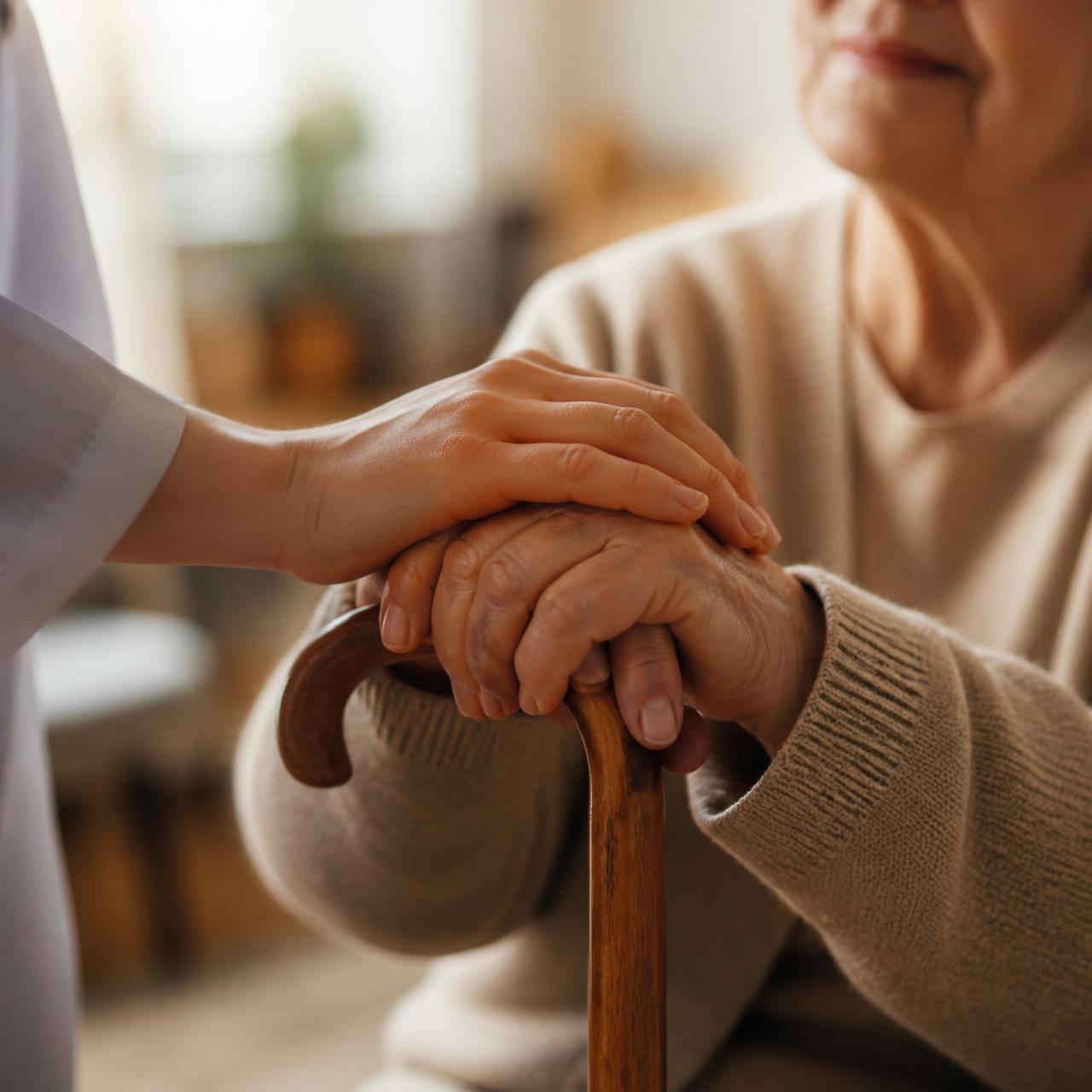 Caregiver's hand resting gently on an elderly person's hand